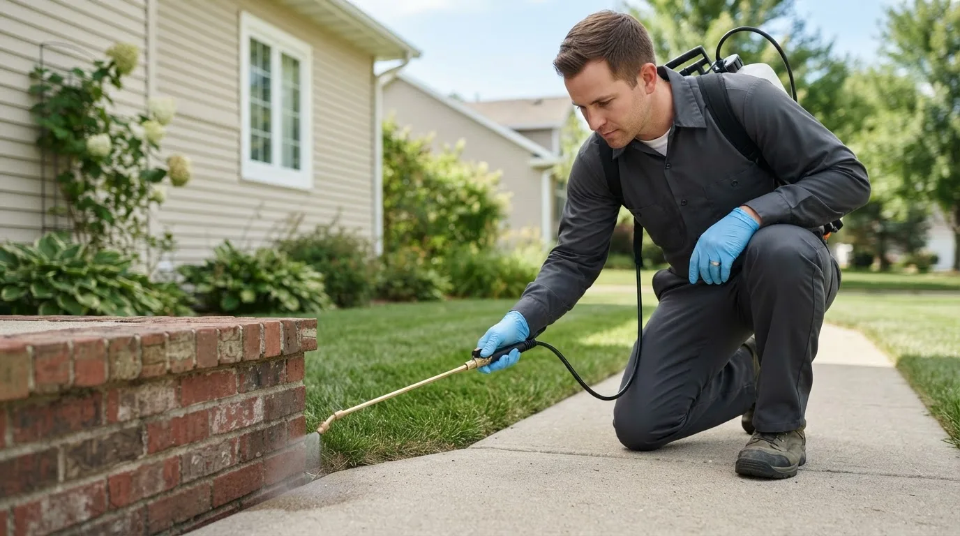 Pest control technician treating a home near North Java, NY